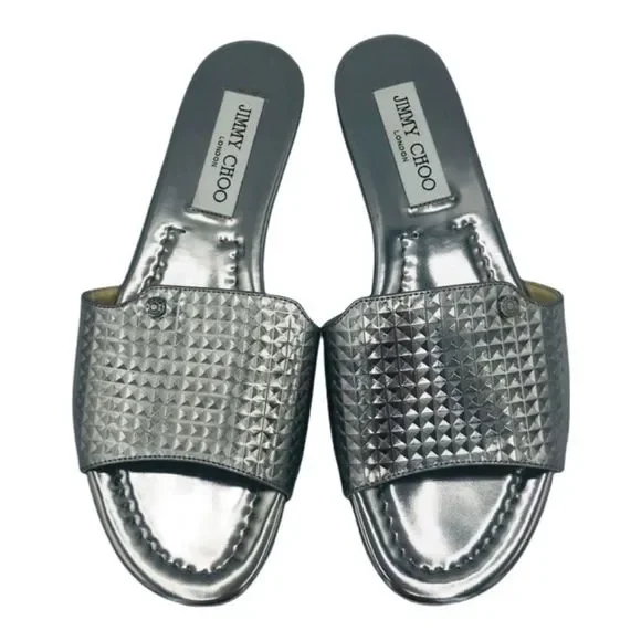 NWOB! JIMMY CHOO STEEL MIRRORED LEATHER SLIDES - Picture 2 of 7